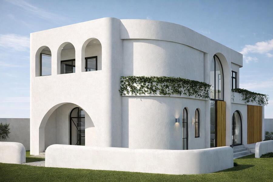 Three-quarter exterior CGI render of the Austral residence showing the curved rendered facade, arched black-framed windows, ivy trellis band and timber-slat entry door.