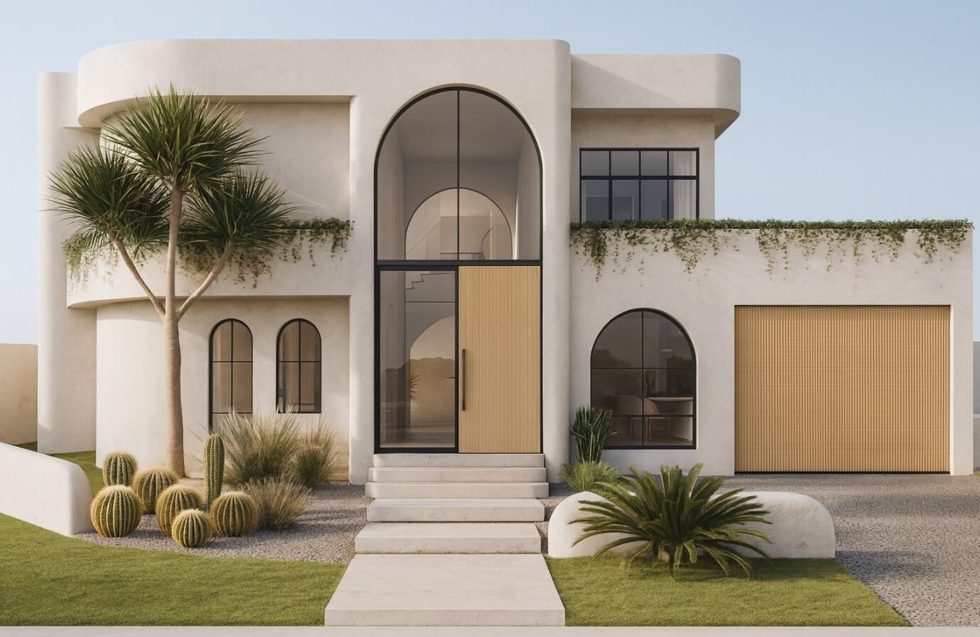Front elevation CGI render of the Austral residence entry, showing the tall arched glass and timber front door, garage with matching timber-slat door, and desert-style landscaping with cacti and palms.