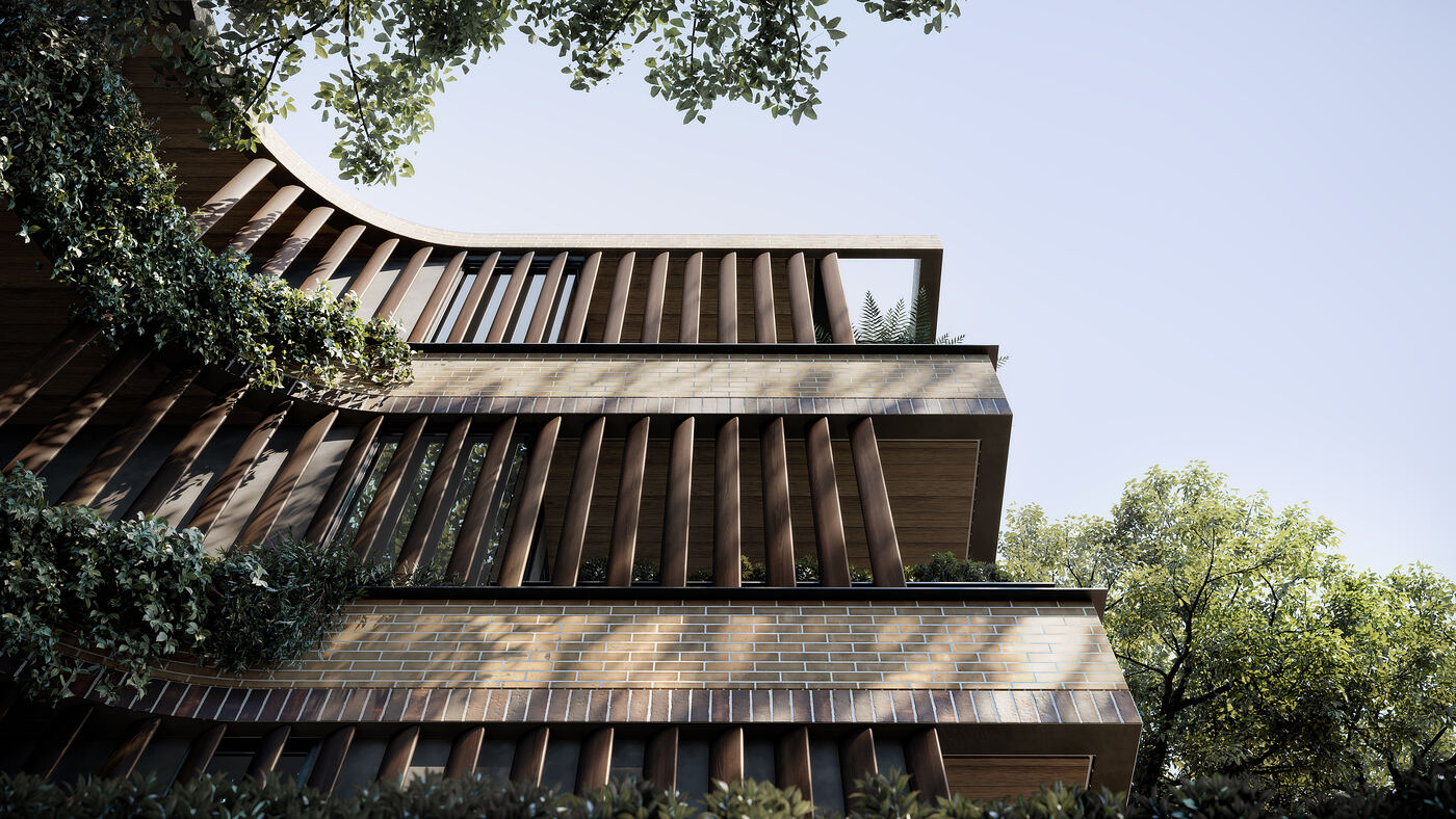 Close-up upward view of the curved timber batten facade and brick banding, highlighting the building’s sculpted architectural detailing.