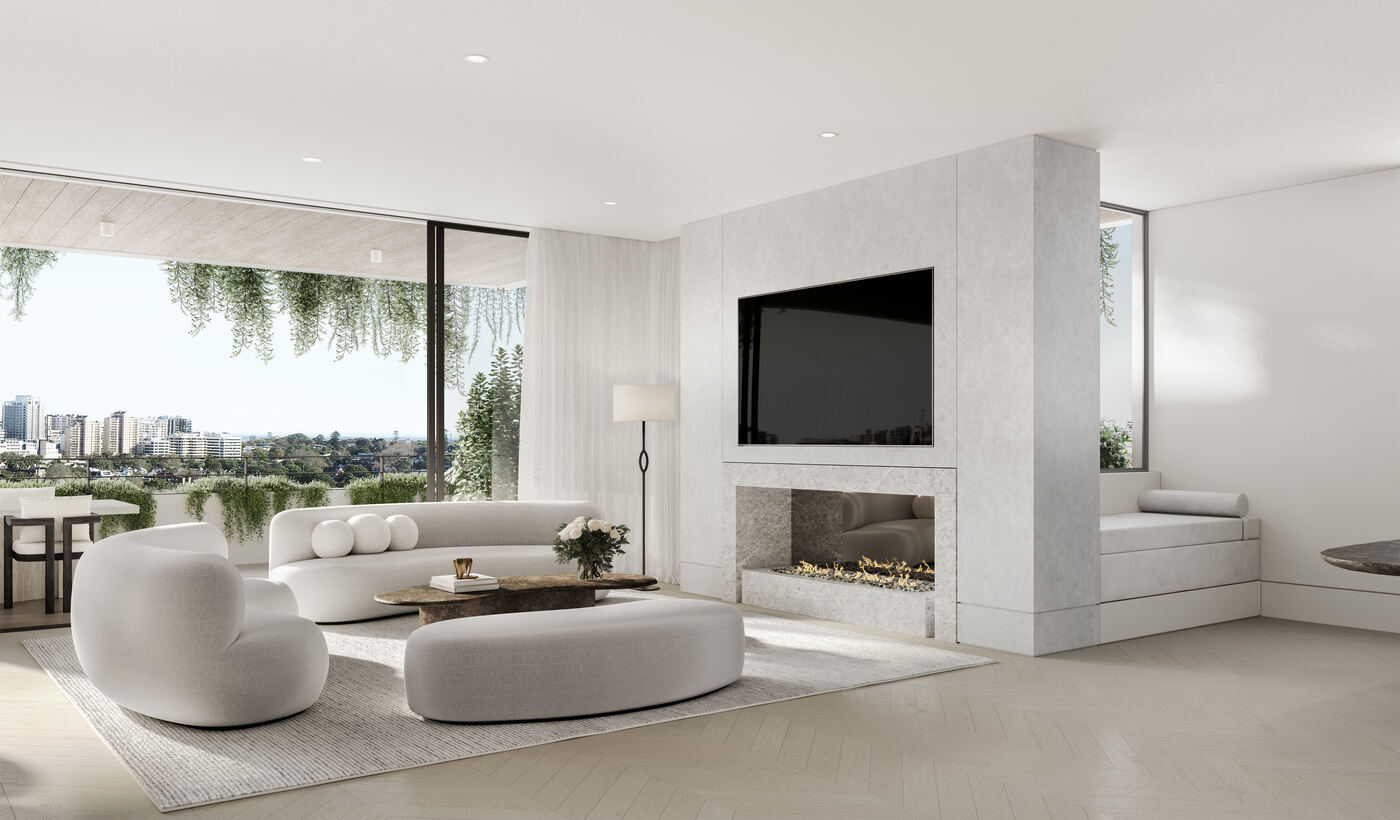 Living room with a stone-clad gas fireplace, curved upholstered seating, and floor-to-ceiling glazing opening to a balcony with city views.