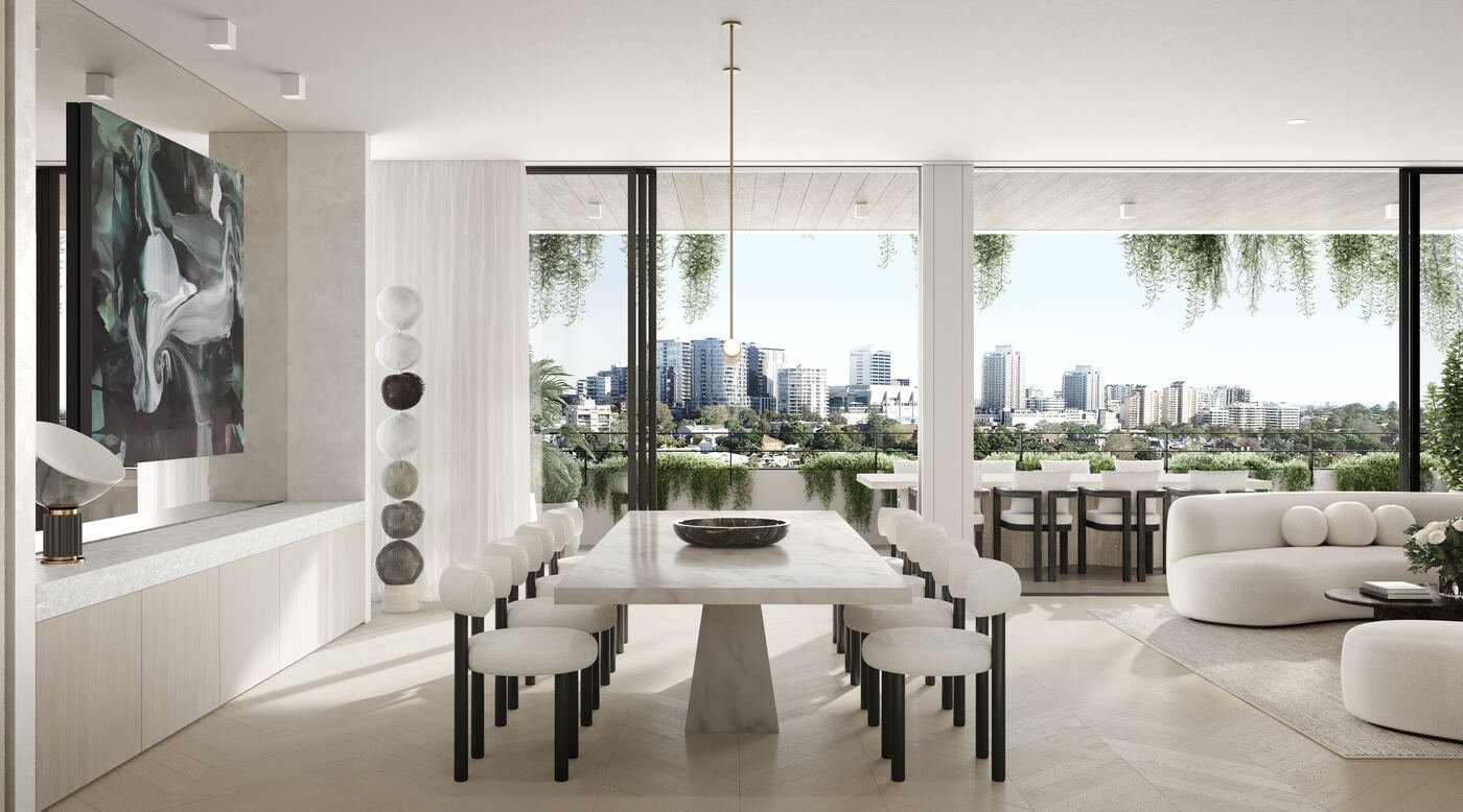 Open-plan dining area with a stone table and boucle chairs, floor-to-ceiling glass opening onto a balcony overlooking the Sydney skyline.