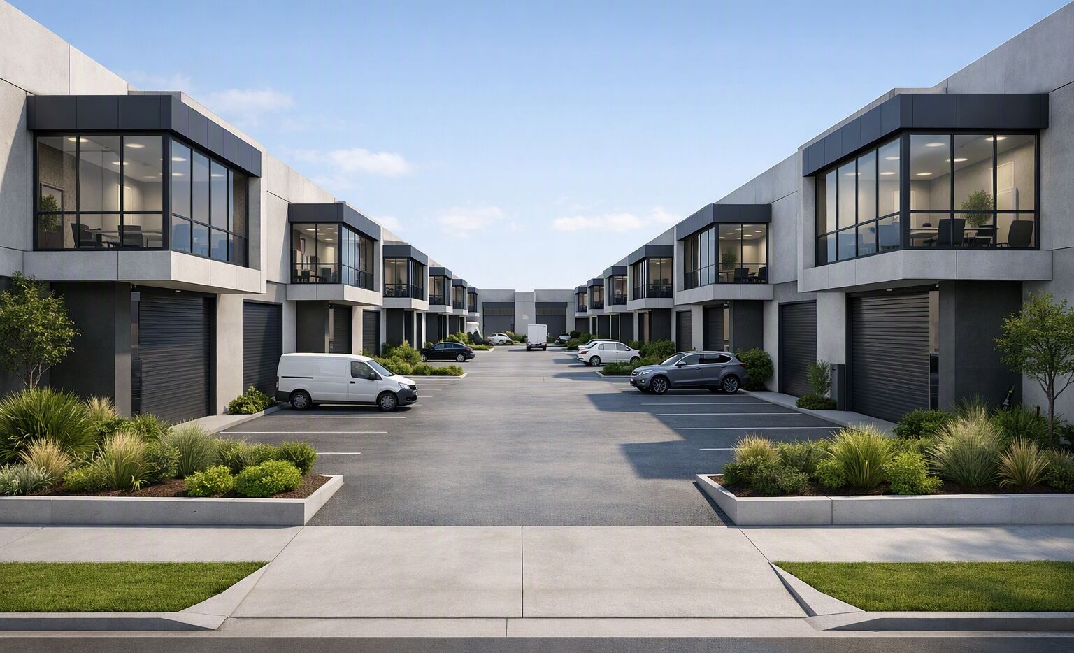 CGI render of the approved 18-unit industrial warehouse complex at Guildford West, showing symmetrical rows of concrete-faced units with glass mezzanine offices, roller shutters, landscaped garden beds and a central driveway