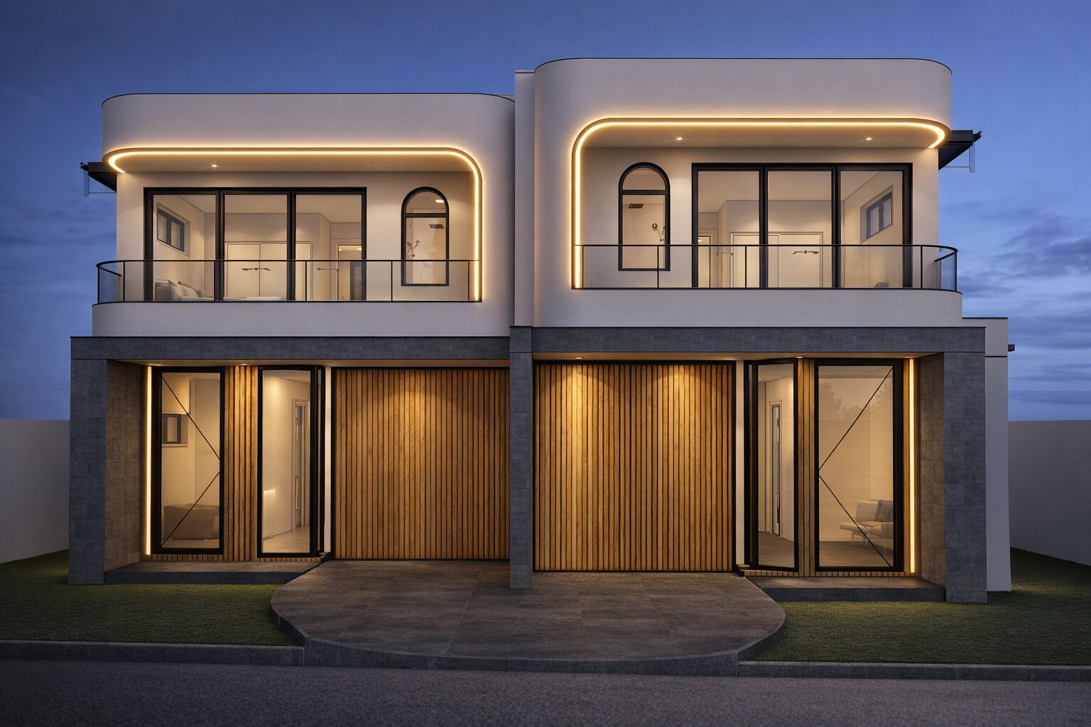 Twilight CGI render of the Lucinda Road attached duplex facade, showing curved rendered upper-storey walls with warm perimeter lighting, black-framed glazing and balconies, and a timber-slat and stone ground floor with dual entries
