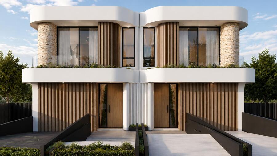 CGI render of the Celestial Rise duplex pair at 17 Stuart Street, Ryde - twin curved white rendered facades with stone-clad columns, vertical timber batten screening and full-height glazing across two storeys