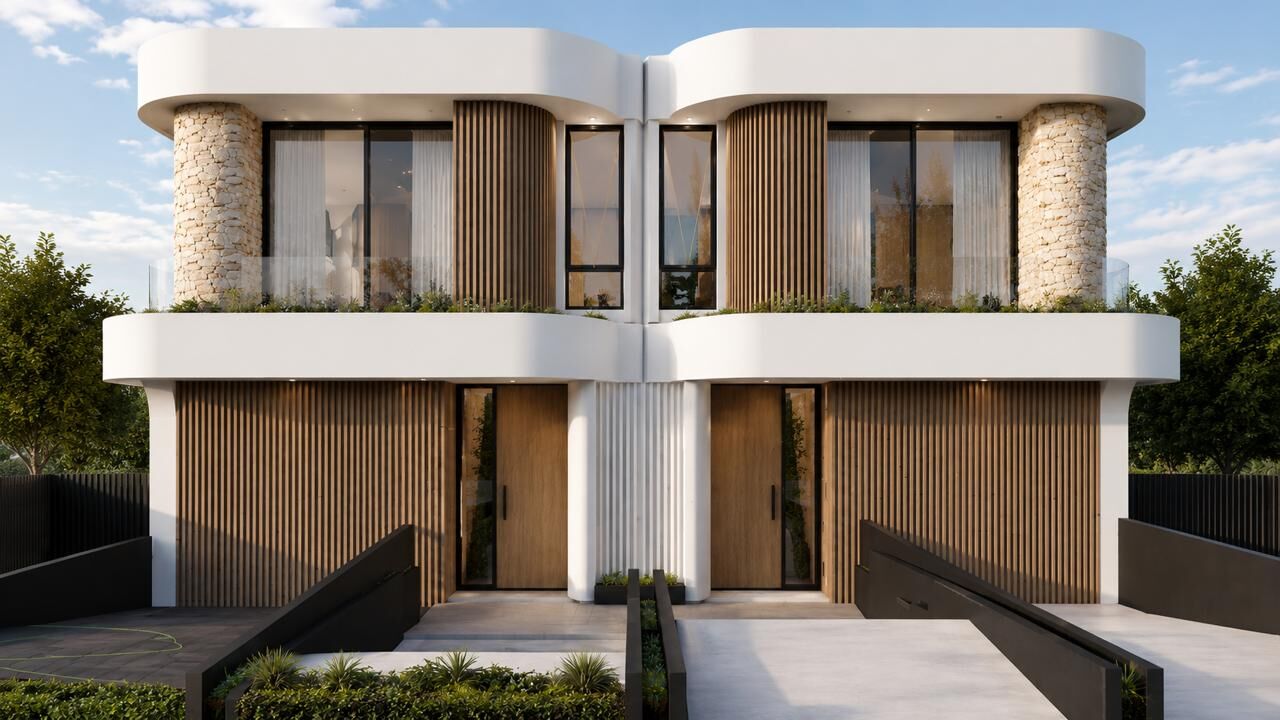 CGI render of the Celestial Rise duplex pair at 17 Stuart Street, Ryde - twin curved white rendered facades with stone-clad columns, vertical timber batten screening and full-height glazing across two storeys