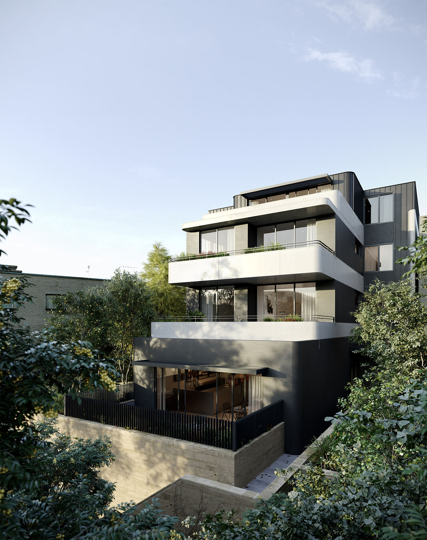 CGI render of the building’s rear courtyard and private garden terraces at dusk, framed by established trees and sandstone retaining walls.