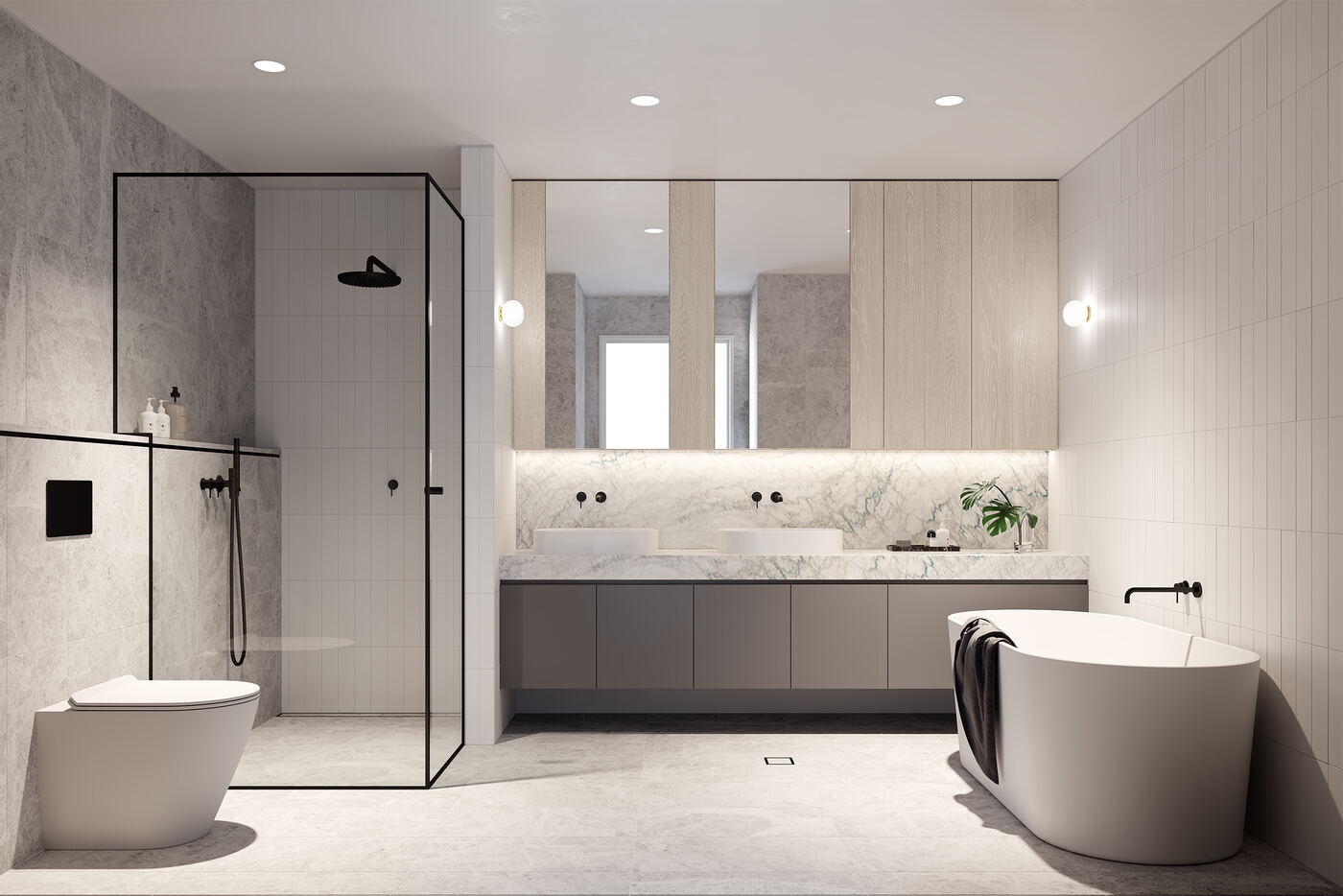 CGI render of an alternate bathroom layout featuring a freestanding bathtub, double vanity and marble-tiled walls.
