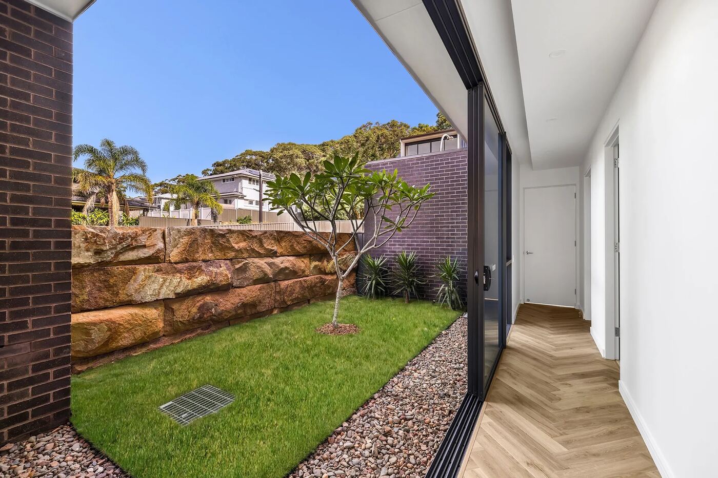 Private courtyard with sandstone retaining wall, frangipani tree and lawn, viewed from the internal hallway through a glass sliding door